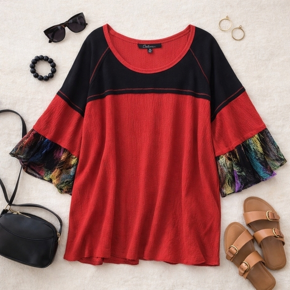 Calessa Tops - Calessa Black/red Stretchy Tunic Shirt 3/4sleeve Lace Detail. Ladies Sz 2x